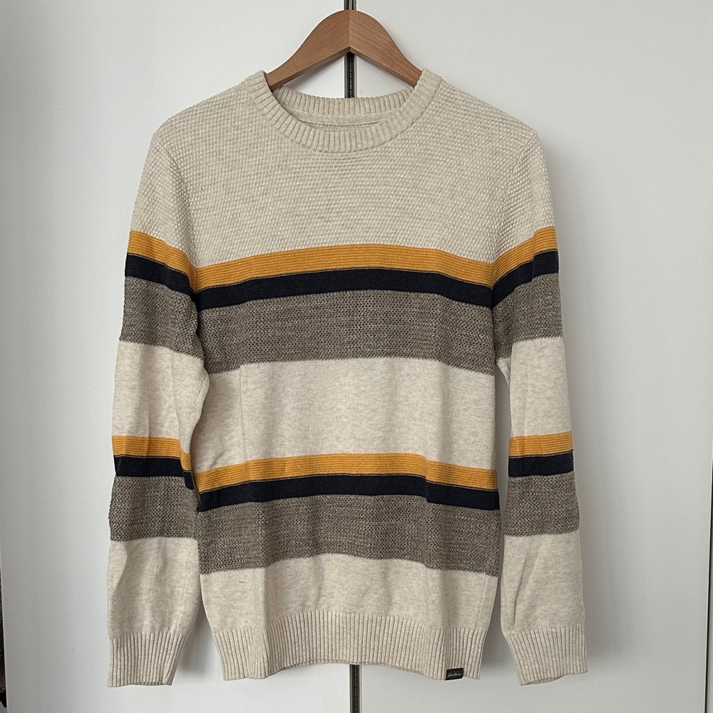 Eddie Bauer Beige and Yellow Striped Crewneck Sweater